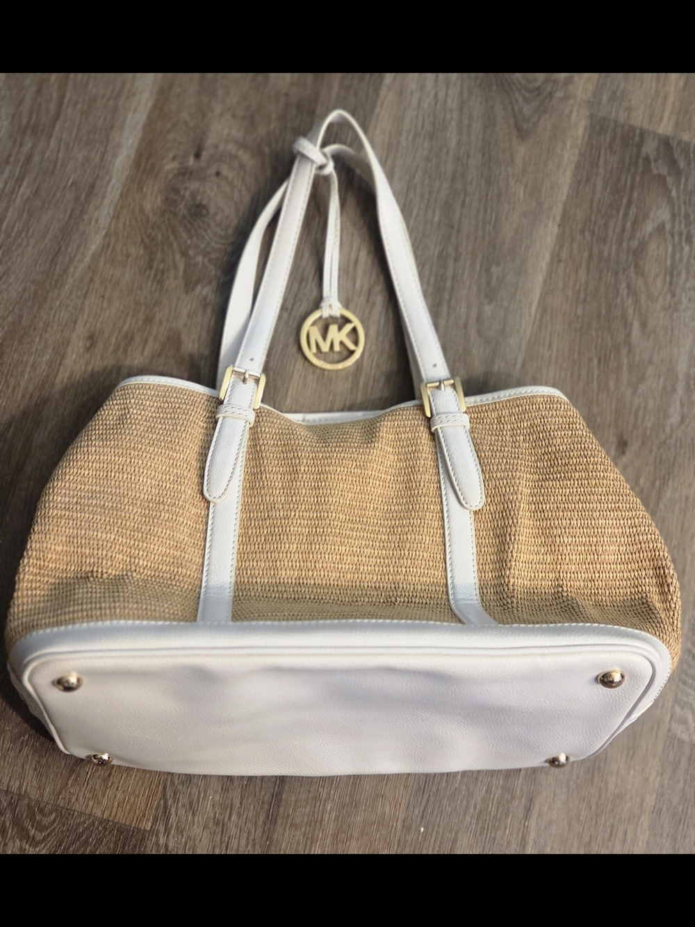Michael Kors White & Tan Straw Tote Bag